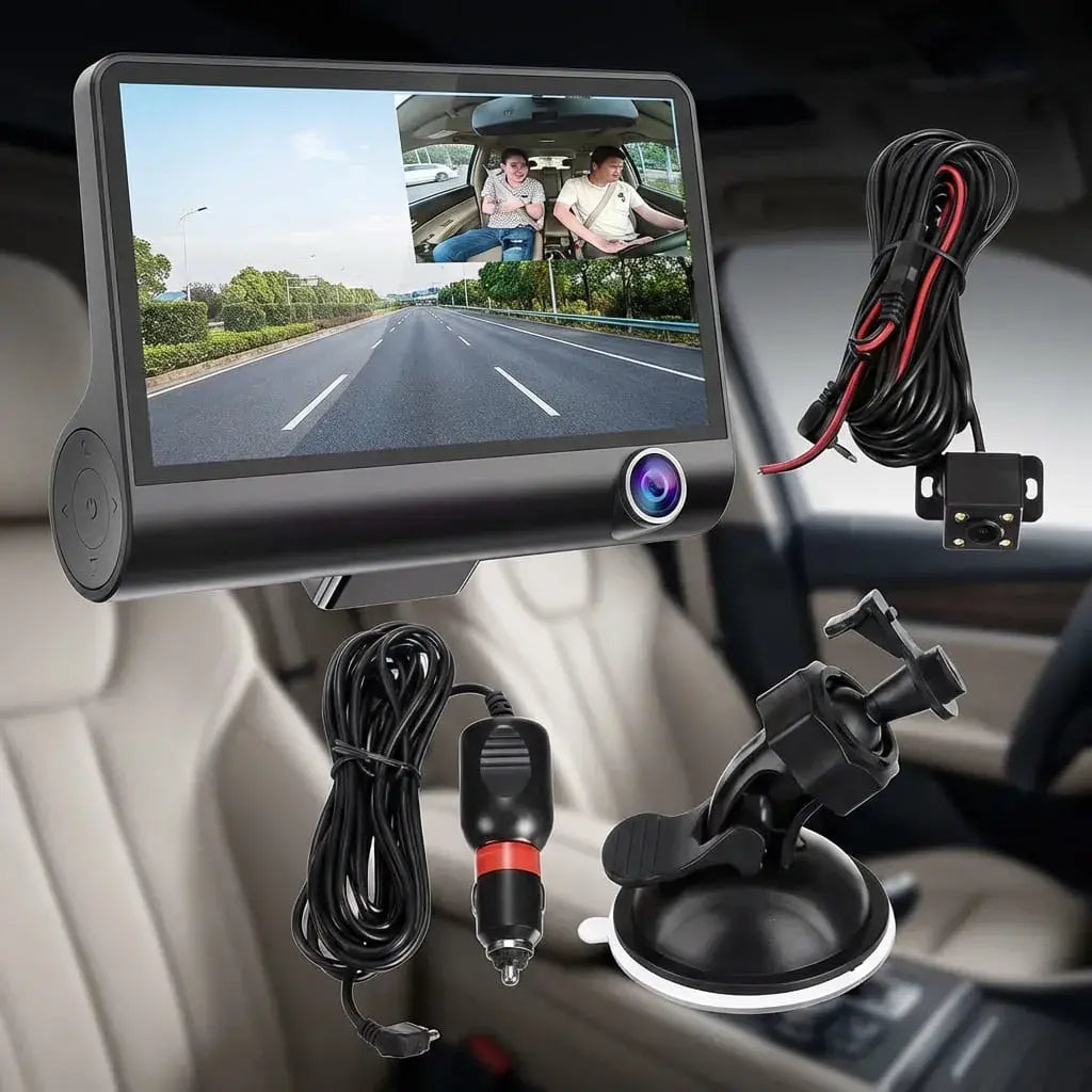 Cámara DVR para carro con triple cámara frontal, interior y trasera, pantalla 4 pulgadas y grabación Full HD. Incluye sensor G y detección de movimiento.