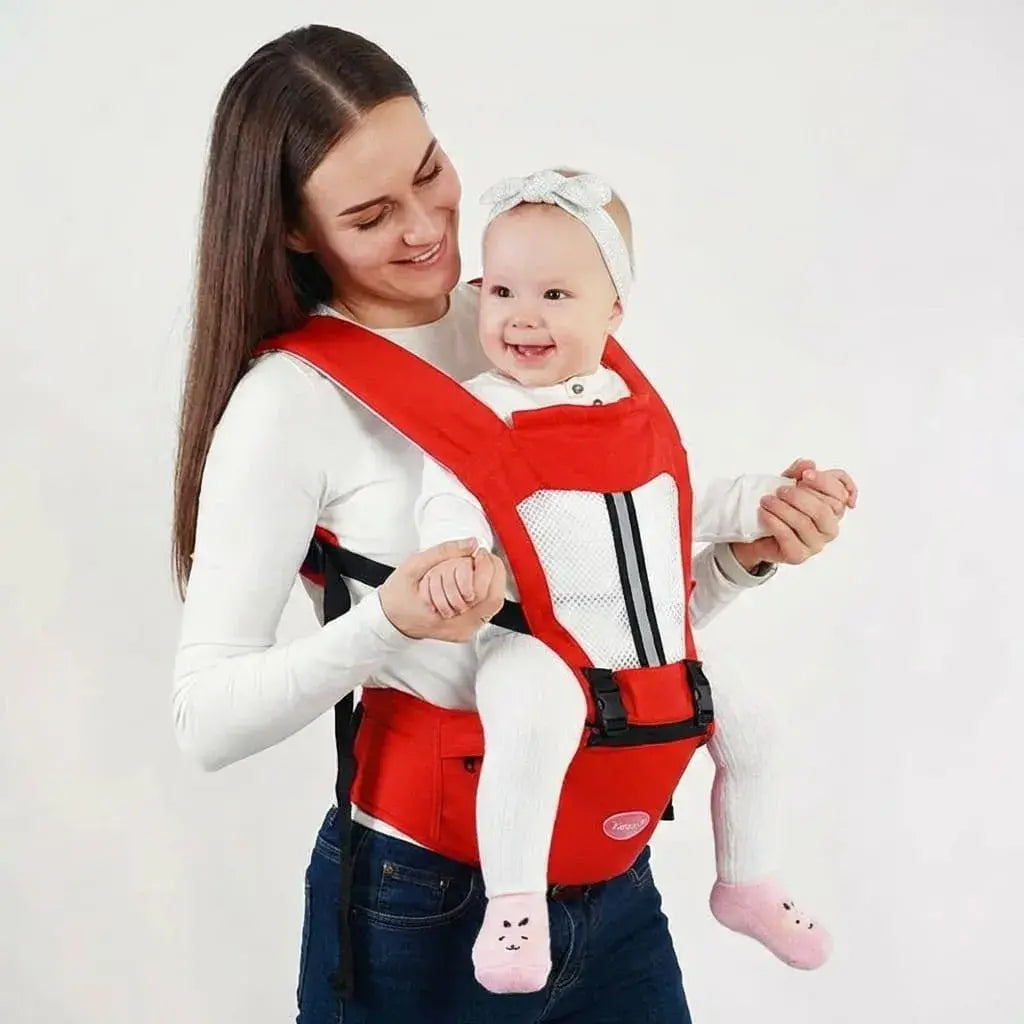 Portabebé ergonómico con asiento de cadera desmontable para bebés de 0 a 36 meses. Diseño cómodo y versátil para uso diario.