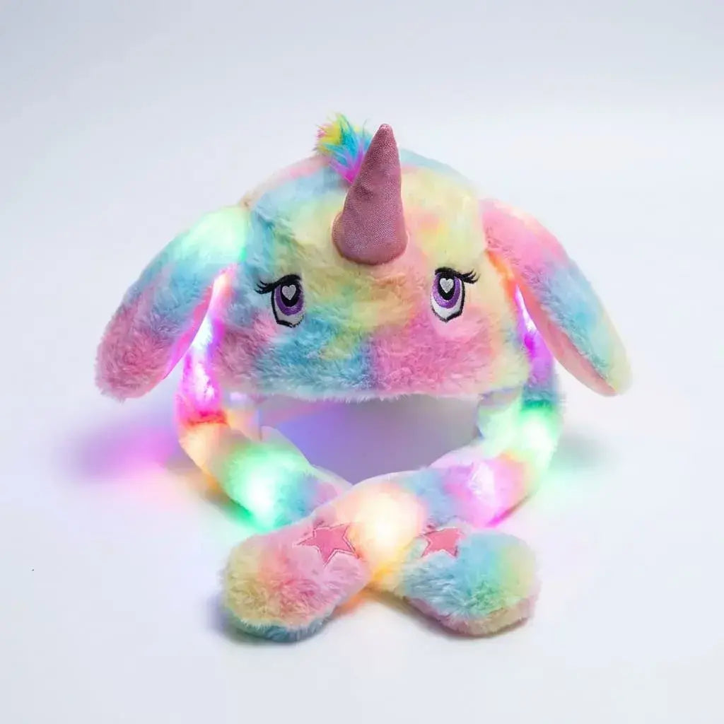 Gorro conejo luminoso con orejas movibles y luces LED, ideal para niños, fiestas y celebraciones especiales.