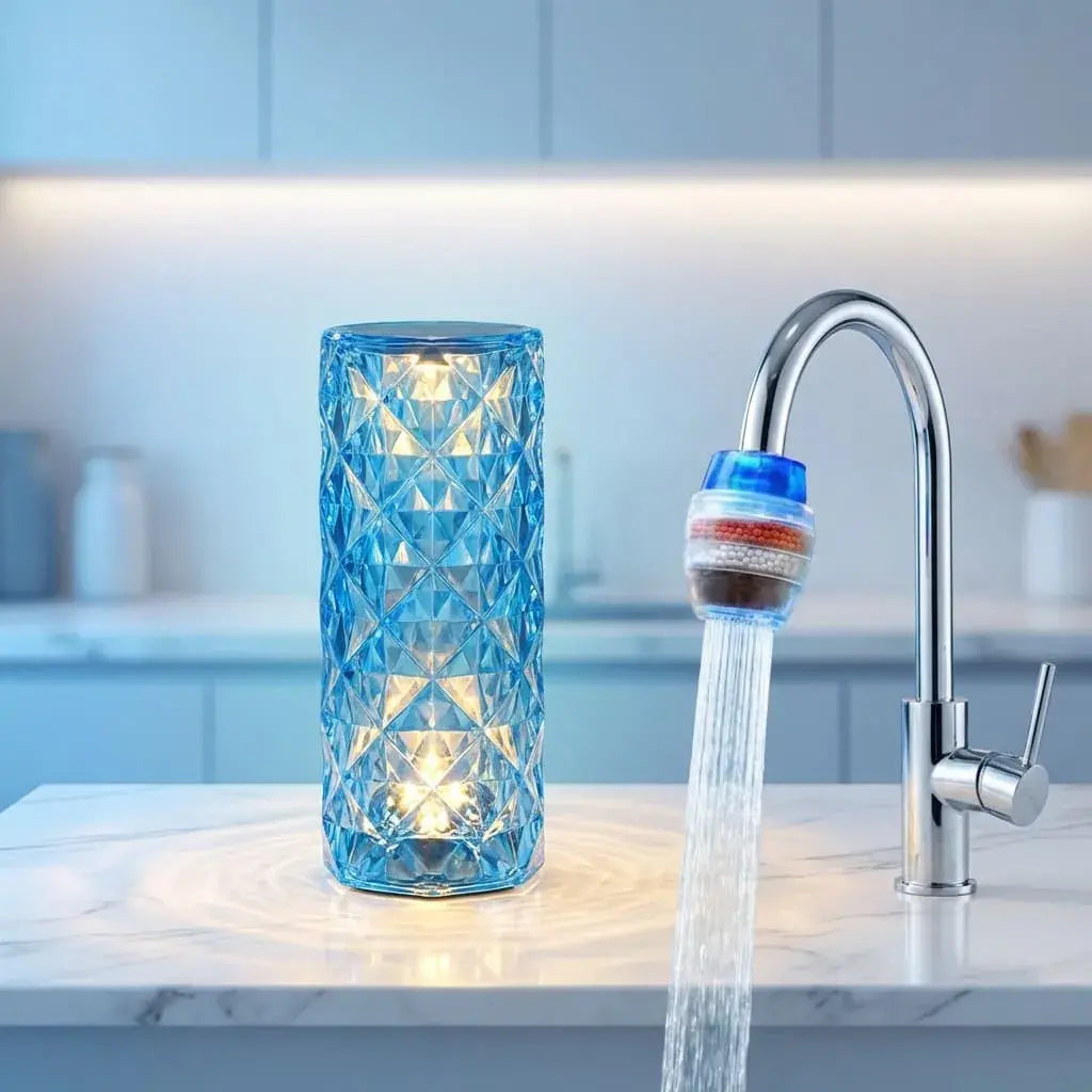 Combo purificador de agua para grifo con filtro y lámpara LED cristal USB táctil, ideal para hogar y decoración moderna.