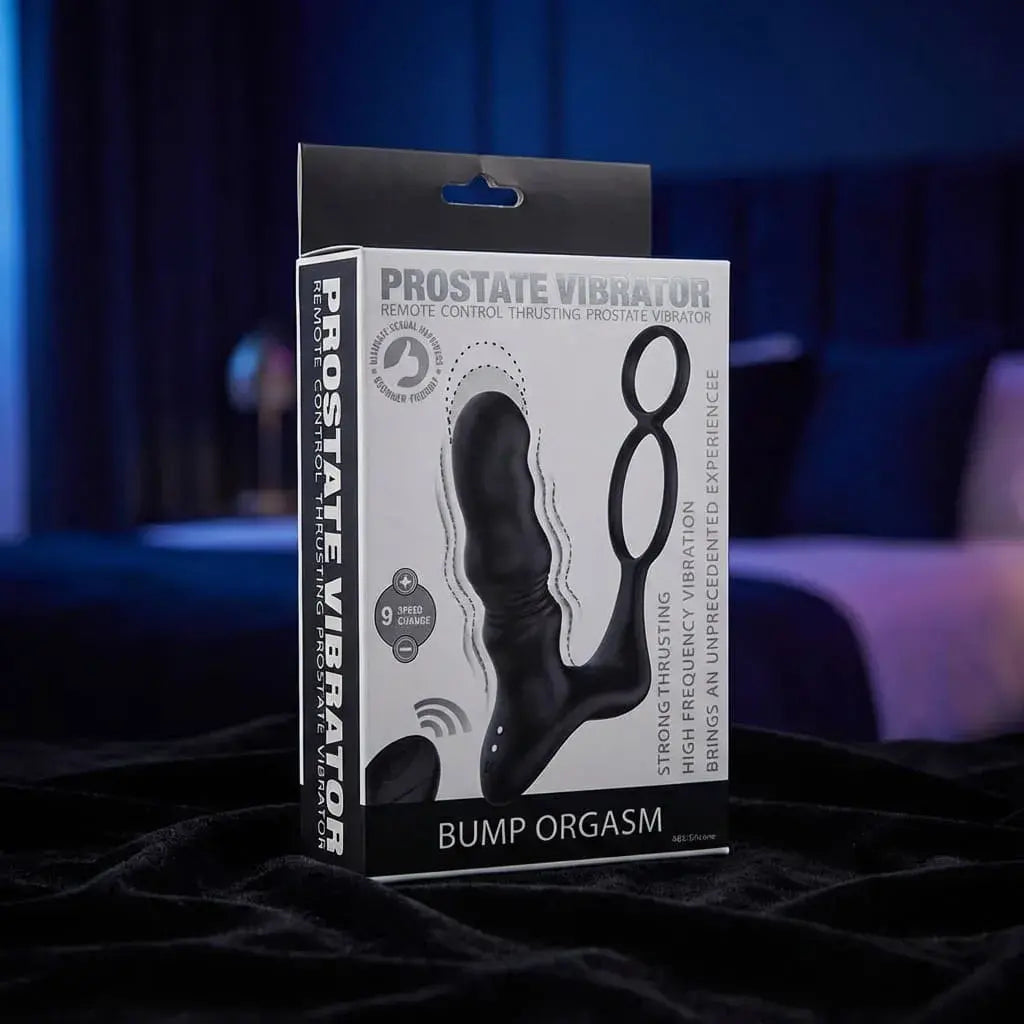 Vibrador recargable con 9 modos de vibración y control remoto. Diseño ergonómico en silicona suave para estimulación masculina.