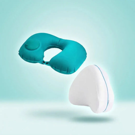 Combo almohada cervical inflable para viaje y almohada ortopédica entre piernas en espuma viscoelástica. Comodidad en trayectos y descanso diario.