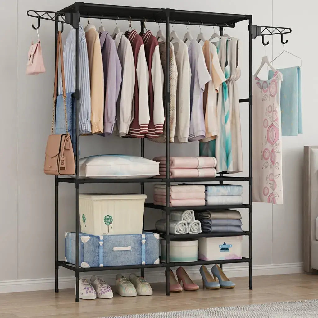 Armario organizador perchero con zapatero, práctico y resistente, ideal para ordenar ropa y ahorrar espacio en el hogar.