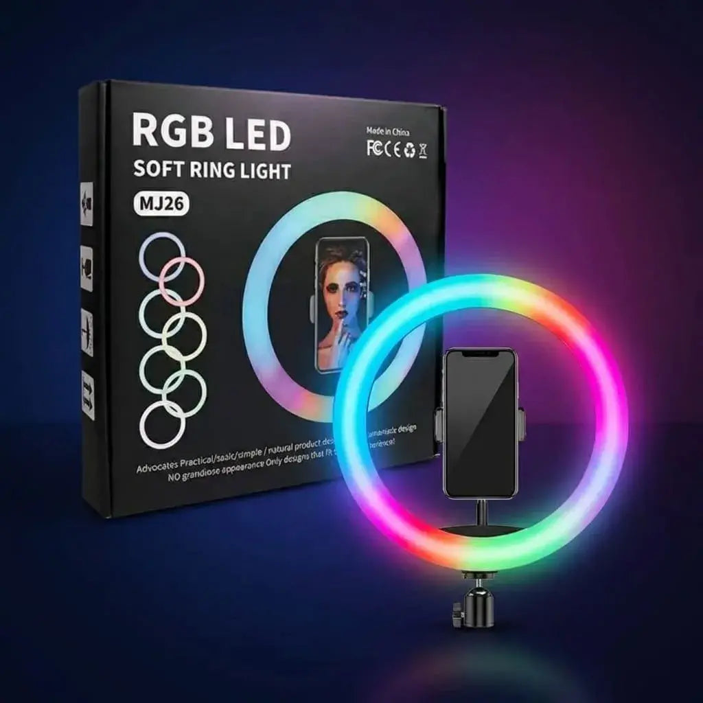 Aro de luz RGB de 26 cm MJ26 ideal para streaming, fotografía, maquillaje y video, compacto y fácil de usar.
