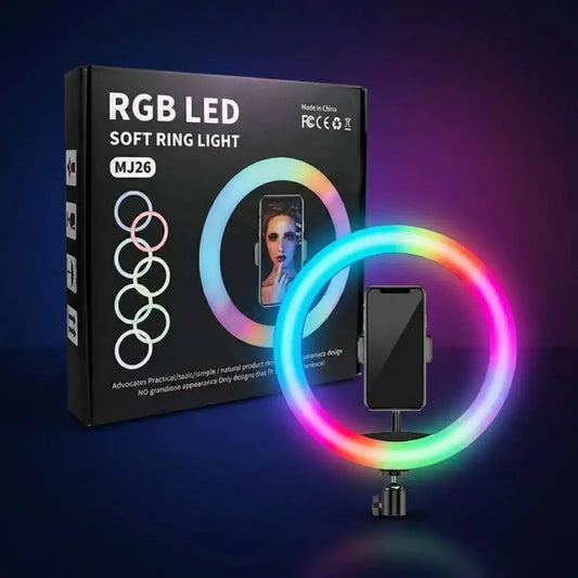 Aro de luz RGB de 26 cm MJ26 ideal para streaming, fotografía, maquillaje y video, compacto y fácil de usar.