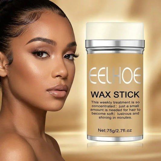 Barra de cera capilar con cera de abeja para controlar frizz y definir peinados. Fácil aplicación, práctica y portátil.