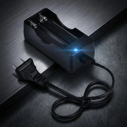 Cargador alámbrico doble para pilas recargables AA y AAA con indicador LED. Práctico, compacto y seguro para uso en casa u oficina.