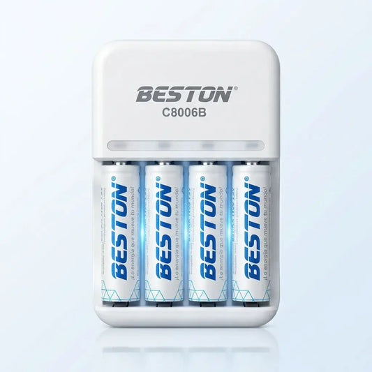 Cargador de pilas Beston 8006 compatible con AA 1500mAh y AAA 1100mAh. Carga mixta práctica para uso en hogar y oficina.
