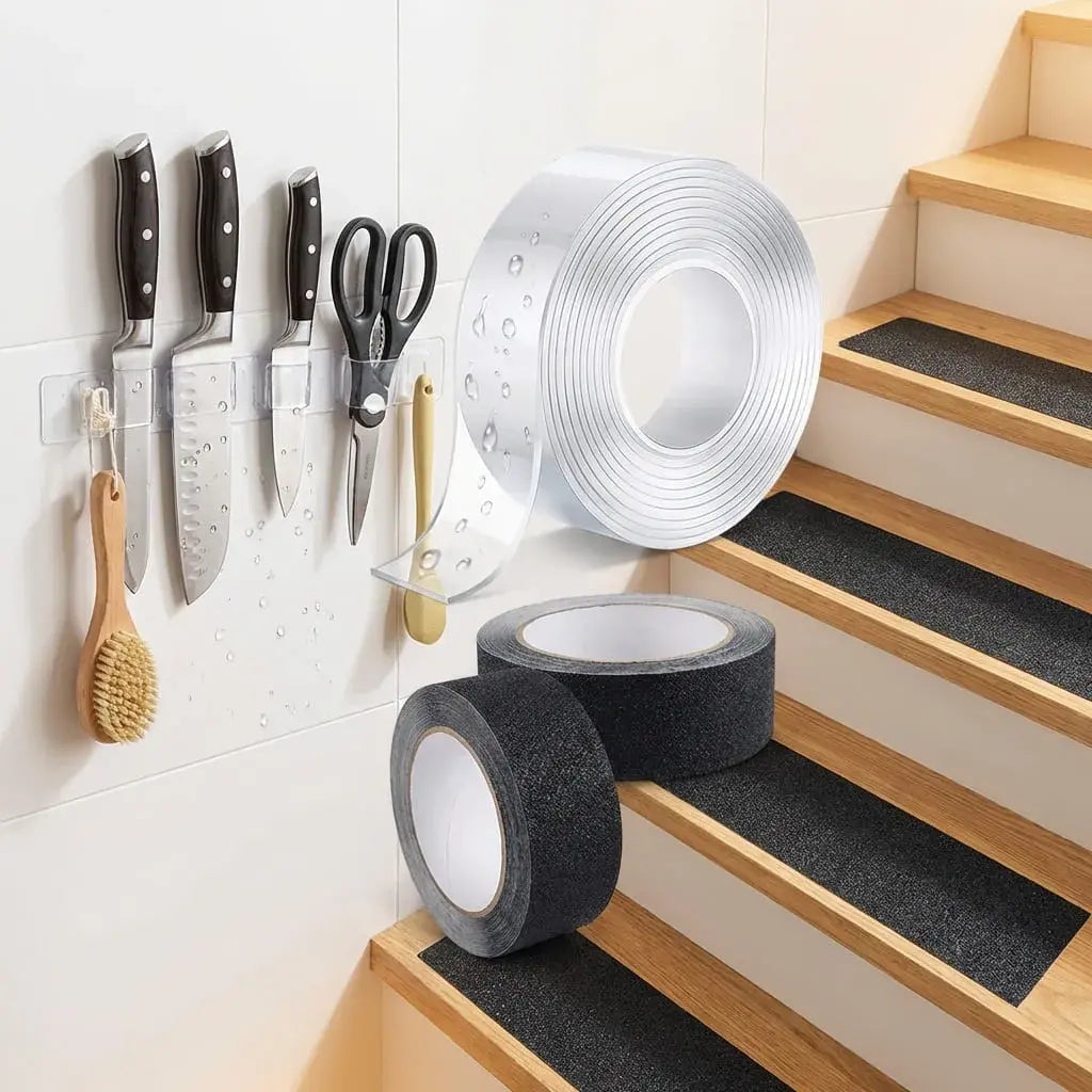 Combo de cinta antideslizante 5 metros para áreas mojadas y cinta doble faz transparente reutilizable, ideal para seguridad y fijación en el hogar.