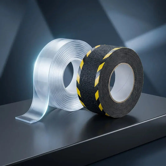 Combo de cinta antideslizante 5 metros para áreas mojadas y cinta doble faz transparente reutilizable, ideal para seguridad y fijación en el hogar.