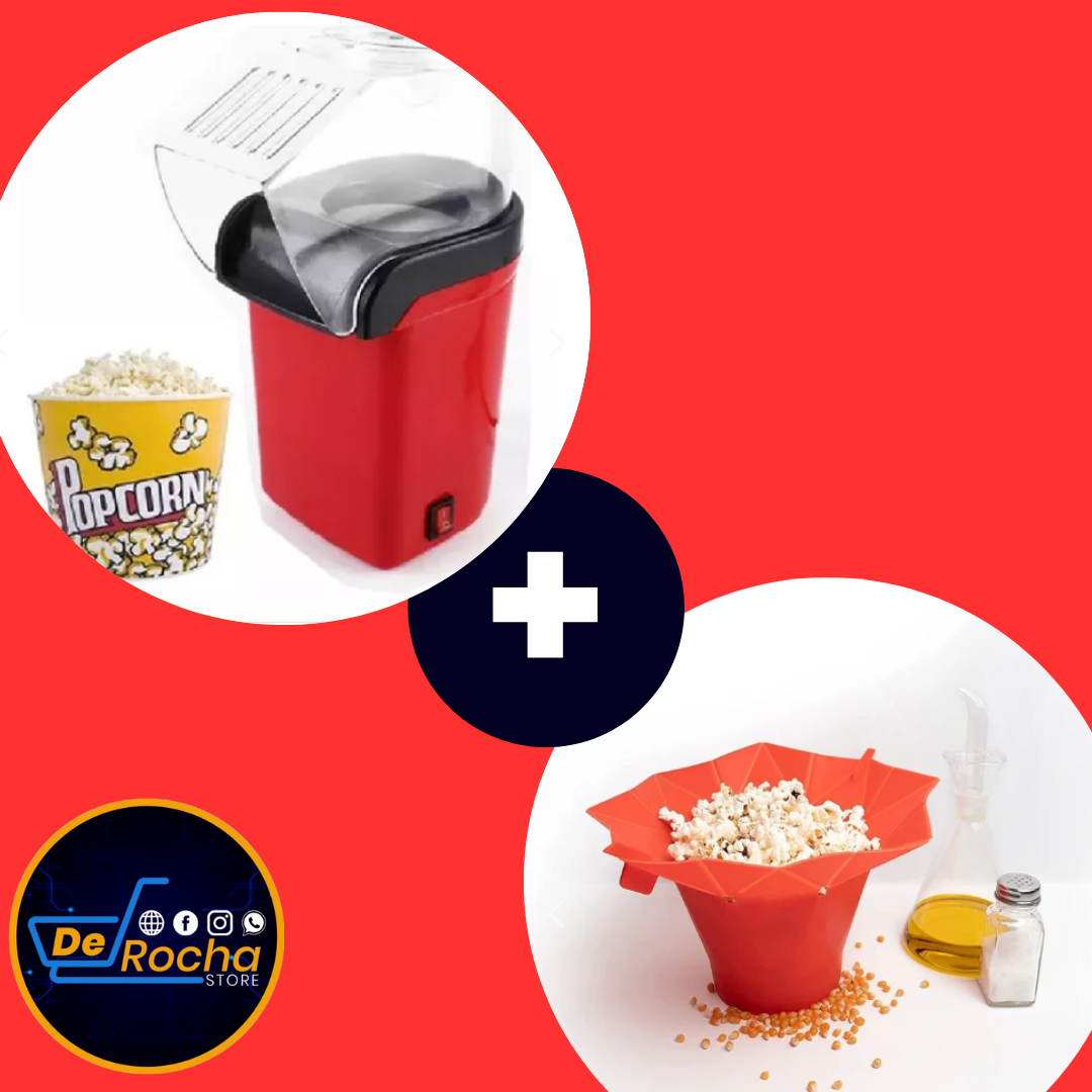 Combo de crispetera eléctrica con aire caliente y taza plegable de silicona para microondas. Ideal para preparar palomitas frescas en casa.