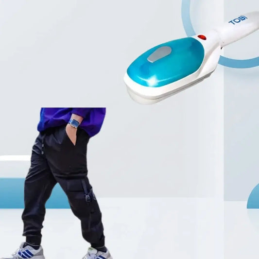 Combo de jogger cargo en drill colombiano y plancha a vapor portátil 220V. Estilo urbano y solución práctica para mantener tu ropa sin arrugas.