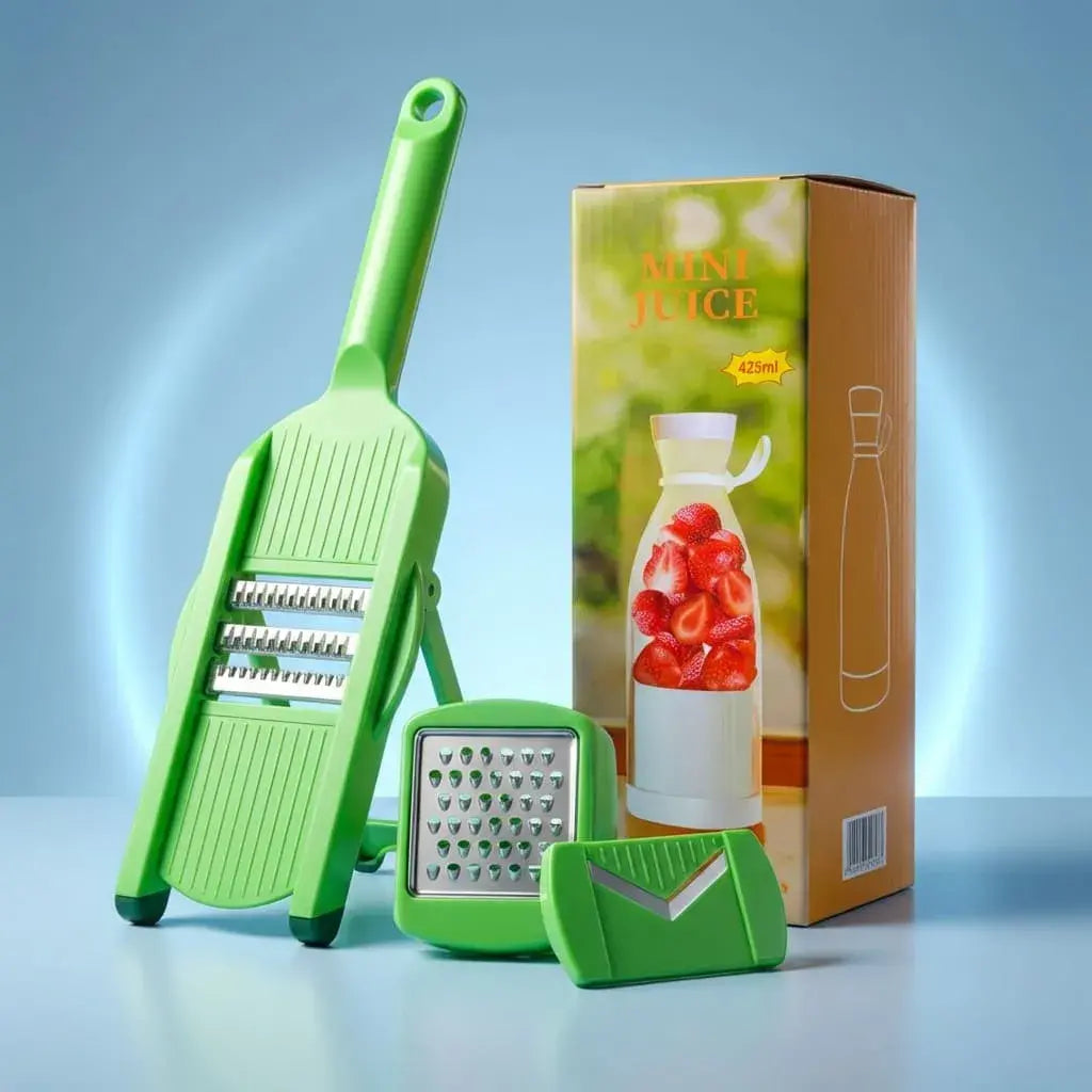 Combo de rallador multifuncional 6 en 1 y licuadora portátil recargable, ideal para cortar alimentos y preparar jugos naturales fácilmente.