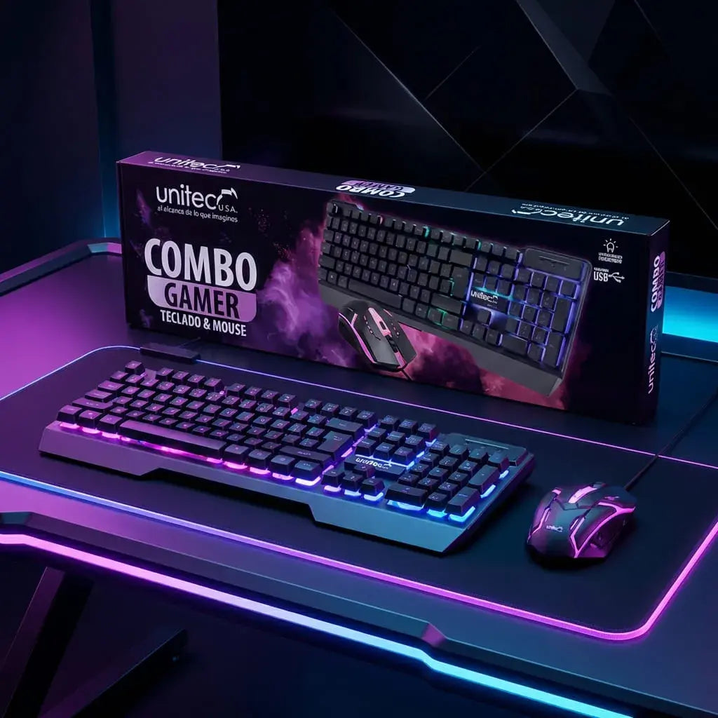 Combo gamer con teclado LED multicolor de 104 teclas y mouse óptico 1000 DPI. Ideal para gaming, estudio y oficina.