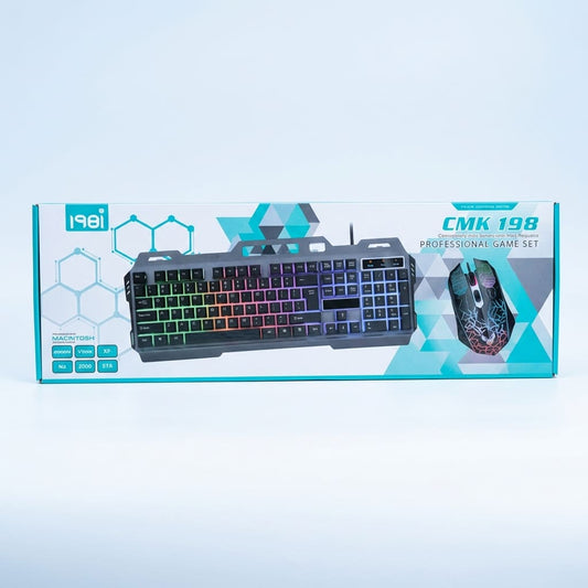 Teclado y mouse gamer alámbrico con iluminación RGB, teclas anti ghosting y conexión USB Plug and Play. Compatible con Windows, Mac y Linux.