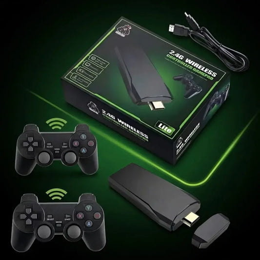 Consola retro HDMI 4K con 2 controles inalámbricos 2.4GHz. Sistema plug and play compatible con TV y monitor para disfrutar juegos clásicos en casa.