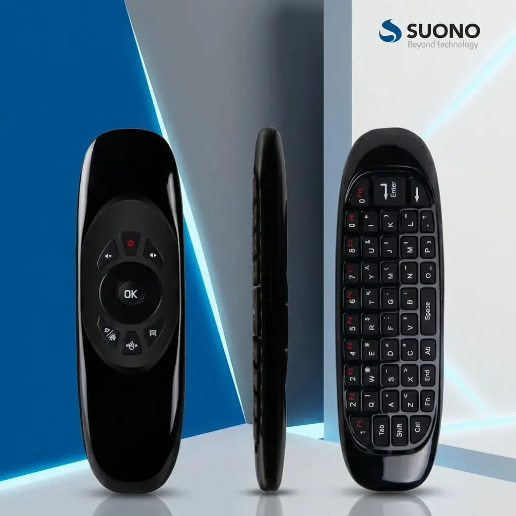 Control remoto universal con teclado QWERTY inalámbrico 2.4 GHz para Smart TV, Android TV Box y PC. Conexión USB plug and play y alcance hasta 10 metros.