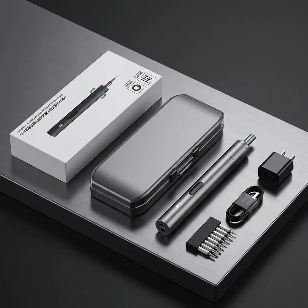 Destornillador eléctrico recargable 3.7V con torque ajustable, rotación reversible y carga USB. Ideal para reparaciones y bricolaje.