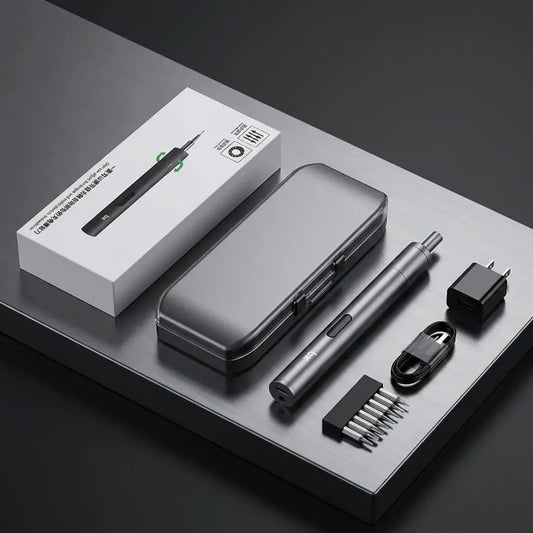 Destornillador eléctrico recargable 3.7V con torque ajustable, rotación reversible y carga USB. Ideal para reparaciones y bricolaje.