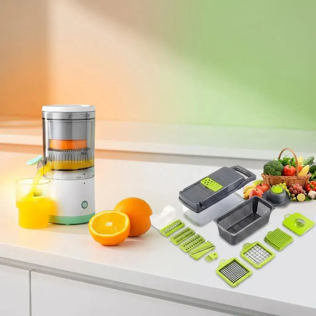 Combo de exprimidor eléctrico USB recargable y cortador de verduras 15 en 1 en acero inoxidable, ideal para preparar jugos y alimentos fácilmente.