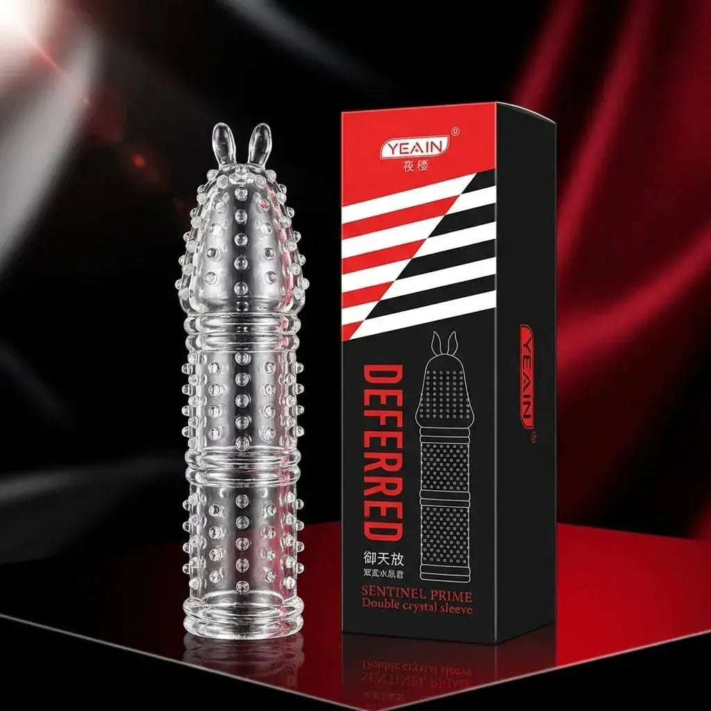 Funda para pene texturizada transparente en TPE reutilizable. Diseño flexible para mayor estimulación. 