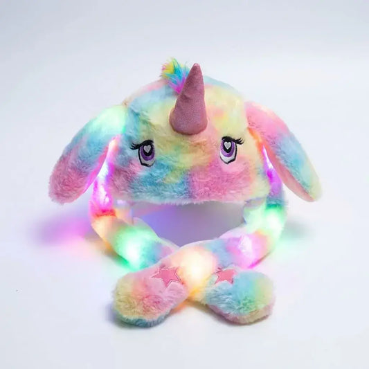 Gorro conejo luminoso con orejas movibles y luces LED, ideal para niños, fiestas y celebraciones especiales.