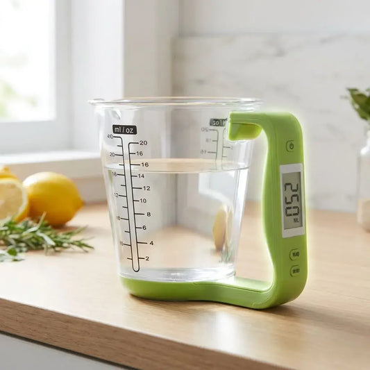 Gramera digital con vaso medidor 2 en 1 con pantalla LCD y función tara. Ideal para medir ingredientes con precisión en cocina.