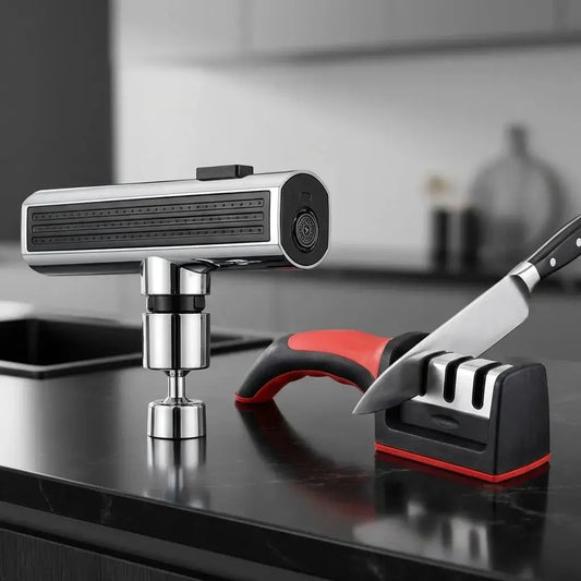 Kit de grifo extensible 4 en 1 con modos de agua y afilador manual de cuchillos. Práctico, funcional y fácil de instalar en cocina.