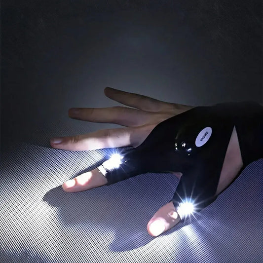 Guante con linterna LED manos libres ideal para pesca, camping y trabajos nocturnos. Ajustable, cómodo y resistente a salpicaduras.