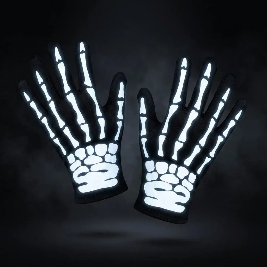Guantes esqueleto con diseño realista y ajuste cómodo, ideales para disfraces de Halloween y fiestas temáticas.