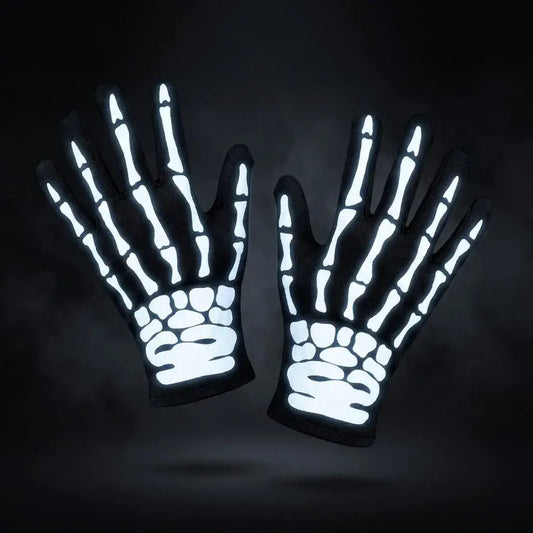 Guantes esqueleto con diseño realista y ajuste cómodo, ideales para disfraces de Halloween y fiestas temáticas.