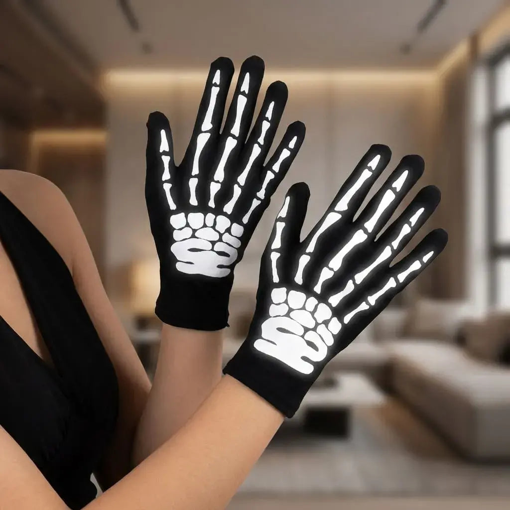 Guantes esqueleto con diseño realista y ajuste cómodo, ideales para disfraces de Halloween y fiestas temáticas.