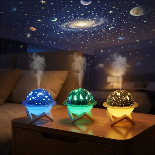 Humidificador de 250 ml con proyector de cielo estrellado y luz LED. Funciona por USB 5V, silencioso y con apagado automático. Ideal para habitaciones.