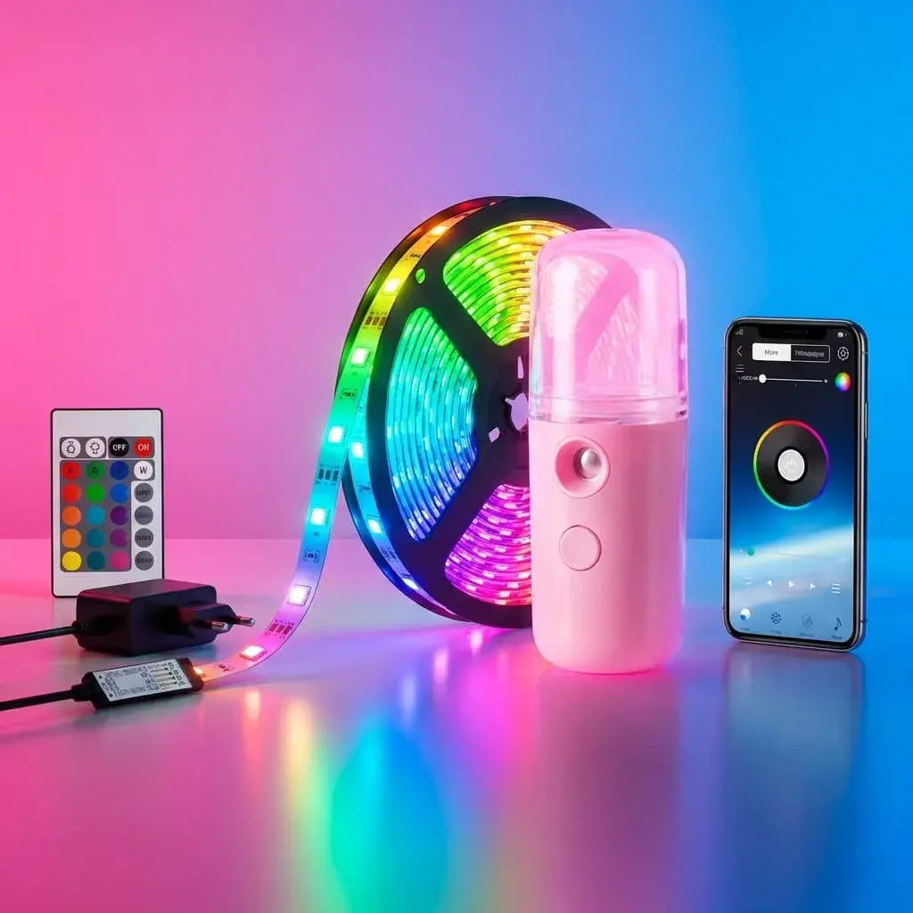 Combo humidificador portátil USB más tira LED decorativa de 5 metros. Ideal para ambientar habitaciones y espacios personales.