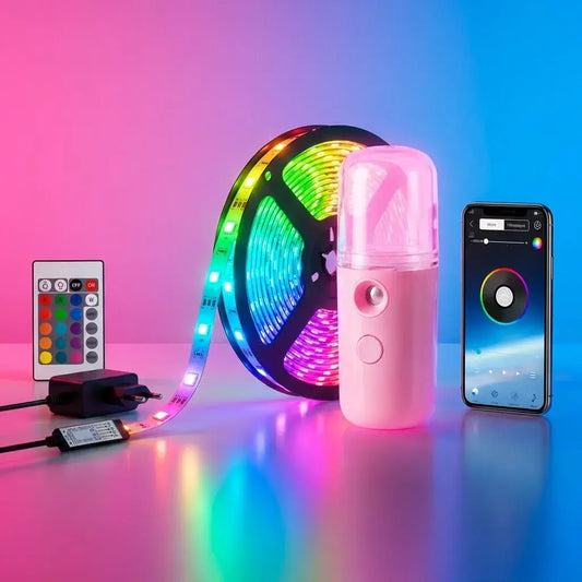 Combo humidificador portátil USB más tira LED decorativa de 5 metros. Ideal para ambientar habitaciones y espacios personales.