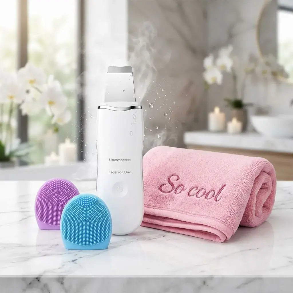 Kit de belleza con toalla de microfibra para secado rápido y limpiador facial ultrasónico recargable USB con 3 modos. Ideal para cuidado diario en casa o viaje.