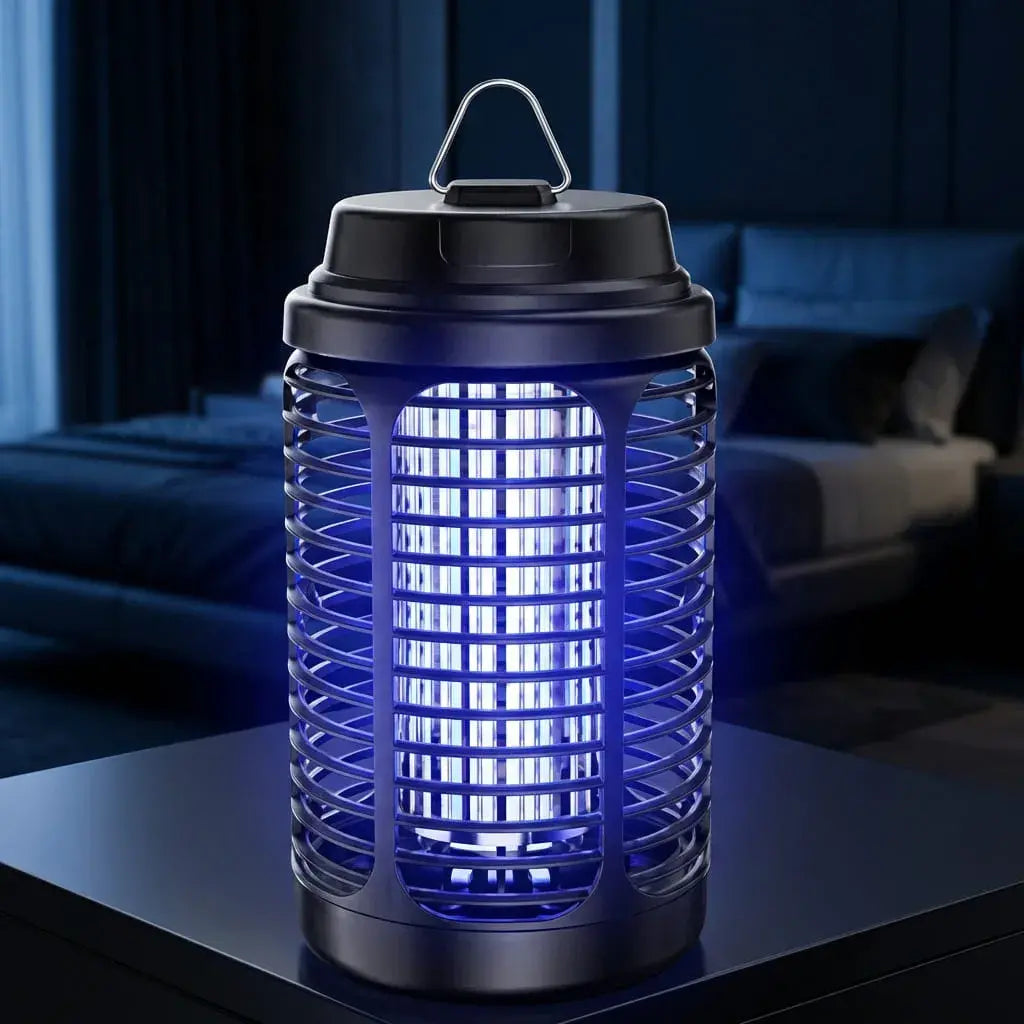 Lámpara electrónica con luz azul UV para atraer y eliminar zancudos e insectos voladores en interiores. Compacta y práctica para el hogar.