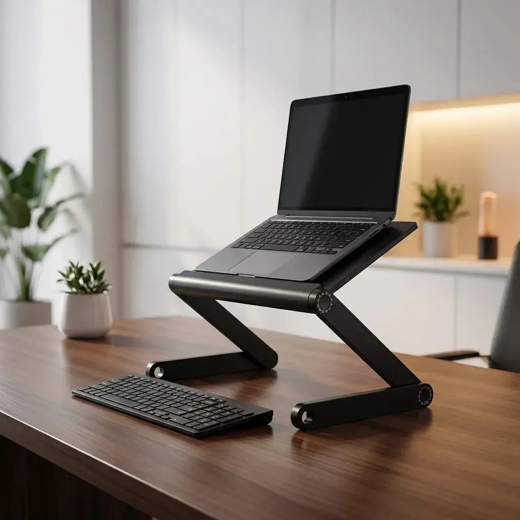 Mesa plegable para portátil con ventiladores USB integrados, estructura en aluminio y ajuste ergonómico. Ideal para usar en cama, sofá o escritorio.
