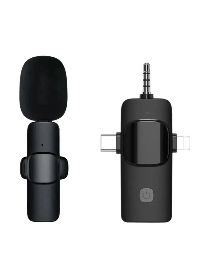 Micrófono inalámbrico dual con receptor universal 3 en 1 compatible con iPhone, Android y PC. Ideal para podcast, entrevistas y transmisión en vivo.