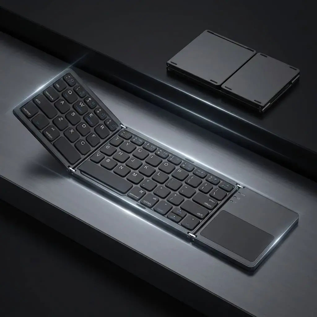 Teclado Bluetooth plegable con panel táctil, batería recargable y compatibilidad con Android, Windows e iOS. Compacto, portátil y práctico para trabajo y estudio.