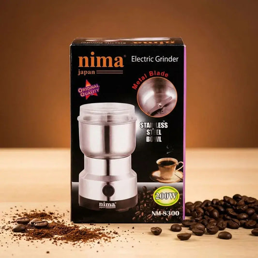 Molino eléctrico de café y especias con cuchillas de acero inoxidable y 150W de potencia, ideal para moler granos y condimentos en casa.