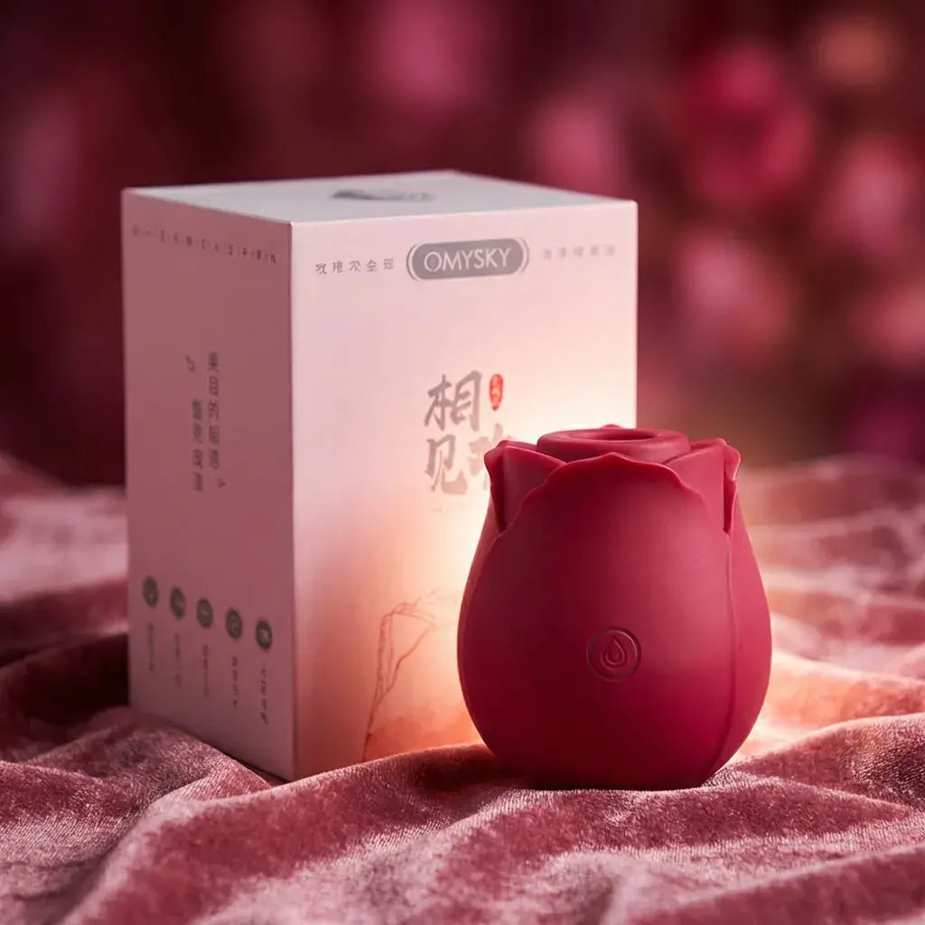 Vibrador succionador en forma de rosa con 10 modos, resistente al agua y carga USB. Diseño compacto y discreto.