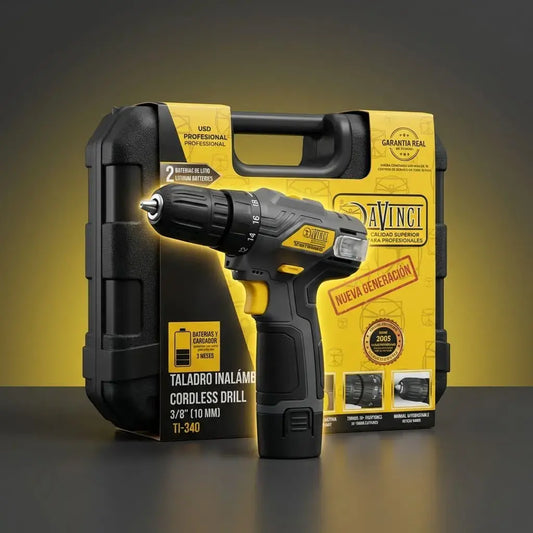 Taladro inalámbrico percutor 12V 10mm con 2 velocidades, 18 posiciones de torque, luz LED y 2 baterías de litio incluidas.