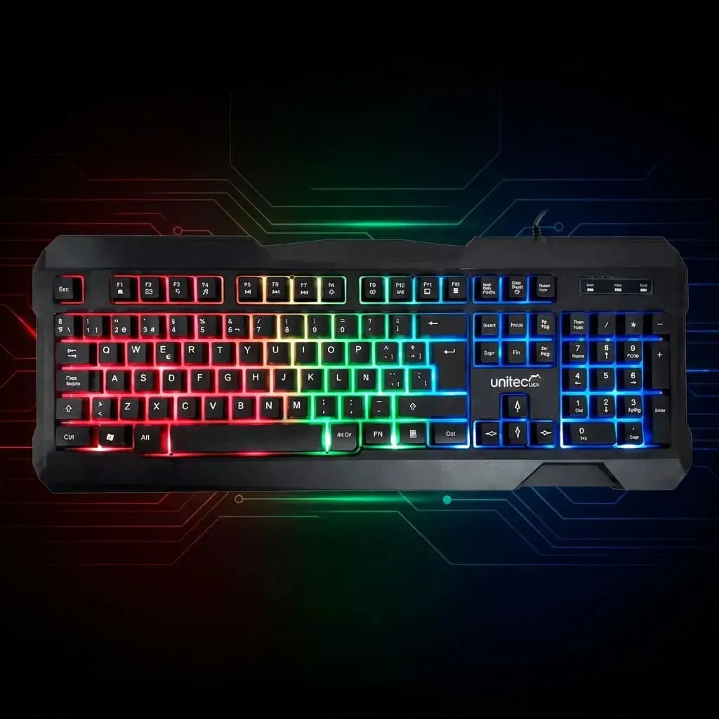 Teclado gamer Unitec MK36 retroiluminado RGB con 104 teclas, conexión USB y compatibilidad Windows, Mac y Linux. Ideal para gaming y oficina.