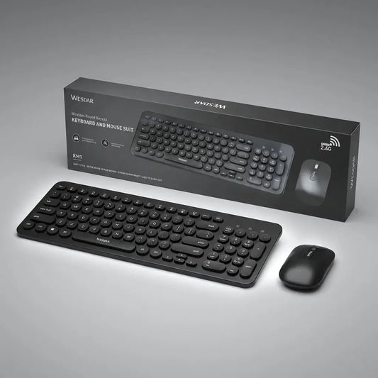 Combo teclado y mouse inalámbrico Bluetooth KM1 con alcance de hasta 10 metros. Compatible con Windows, Android e iOS. Ideal para oficina y estudio.