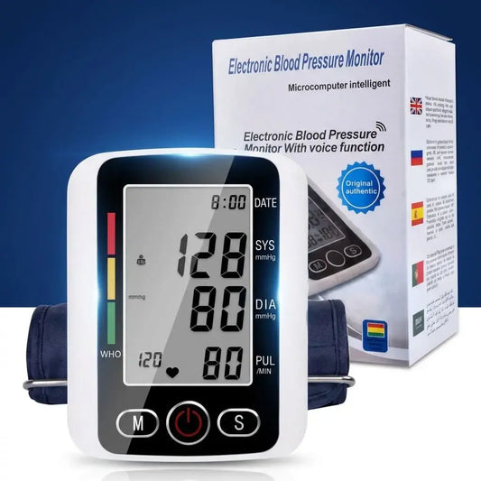 Tensiómetro digital automático de brazo con voz en español, pantalla LCD y memoria para 99 usuarios. Ideal para control de presión en casa