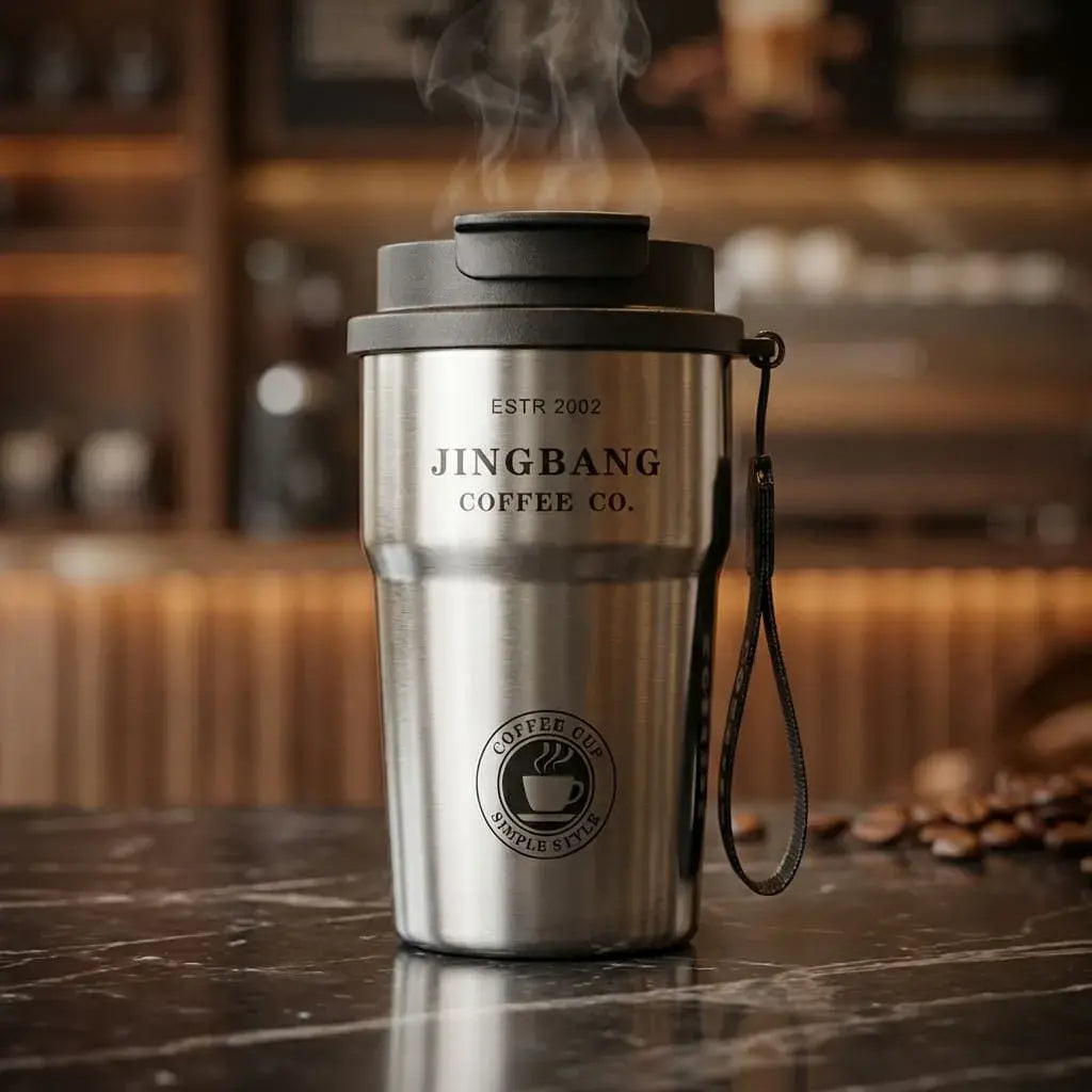 Termo metálico portátil en acero inoxidable, ideal para conservar bebidas frías o calientes y llevar a cualquier lugar.