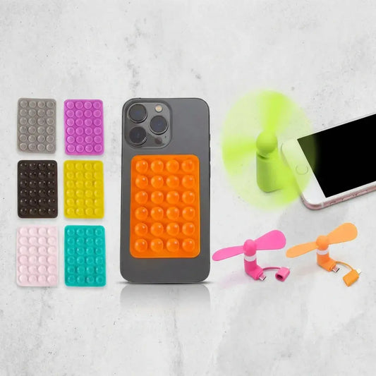 Combo ventilador mini para celular compatible Tipo C Lightning Micro USB y soporte ventosa adhesivo para grabar, videollamadas y contenido sin manos.